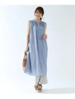 GLOBAL WORK ノースリーブ ロングシャツワンピース ブルー Mのサムネイル