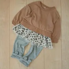レオパード 柄 チュニック ねずみ 耳付き お顔 刺繍 パンツ コーデセット