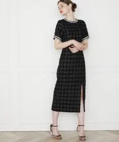チェック柄ミディ丈ワンピース　ツイード　結婚式