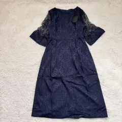 新品タグ付き✨ドレスプラス　ダマスク柄ミモレ丈結婚式パーティードレス　ネイビー