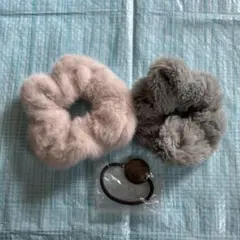 ファー ヘアゴム 2色セット ピンク グレー