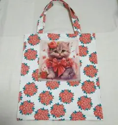 お値下中！猫パネル生地☆エコバッグ　サブバッグ　バラ柄　リボン猫ちゃんのサムネイル
