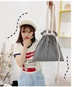 レディース巾着トートバッグ キャンバス　チェック　シンプル可愛い大容量