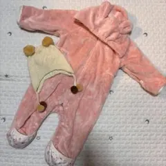 【60〜80センチ】ミキハウス　ジャンプスーツ　フリース ピンク 帽子付き