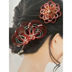 《セットでお得》和装　髪飾り　水引アクセサリー　2点セット　オレンジ