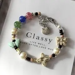 no.73 ホワイト　ピンク　アンティークシルバーブレスレット