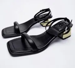 ZARA ブラック ストラップサンダル 中ヒール　ゴールド　レザー　本革　美品
