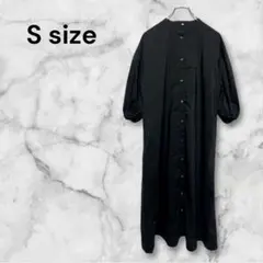 Sサイズ ブラック シャツワンピース　ロング丈　前ボタン　クルーネック　袖ゴム