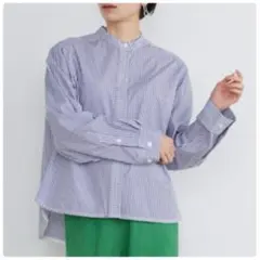 中古】SOÉJU ストライプ バンドカラー ロングシャツ ブルー