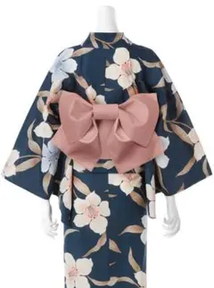 GRL 花柄ネイビー浴衣・ピンクリボン帯セット
