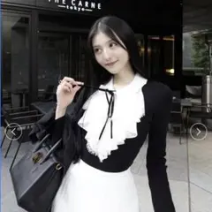 SNIDEL Sustainableレイヤードラッフルニットプルオーバーブラック