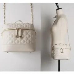 リボンショルダー付きクローバーキルティング×裏地チェリー柄バニティバッグ