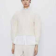 ZARA フェイクパール付 ボリューム袖 ケーブル ニット セーター