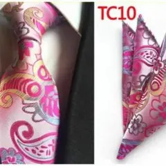 ネクタイ　チーフ　2点 ペイズリー　結婚式　ピンク　ゴールド　パーティー　発表会