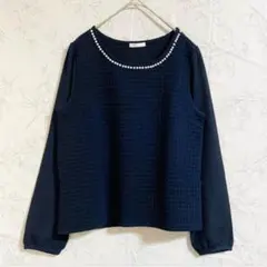 GLACIER 異素材切替袖 パール付き 凹凸カットソー ネイビー Mサイズ