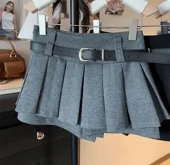 プリーツスカート ショーパン M ベルト 韓国 Y2K グレー ミニスカ