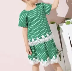 ベビー服　グリーン水玉模様 トップス&スカートセットアップ