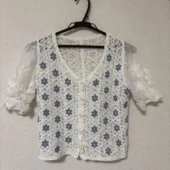 花柄刺繍 ホワイトレース 半袖トップス