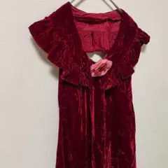 70'ミンディマローン【S】ロングワンピースフリルカラー赤ベロアパーティー