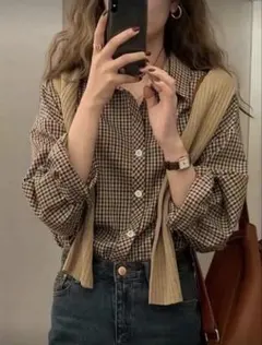 shein ブラウン系チェック長袖シャツ