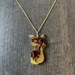 【レトロ可愛い】猫 べっ甲柄 ネックレス ロングチェーン 鼈甲風 ヴィンテージ