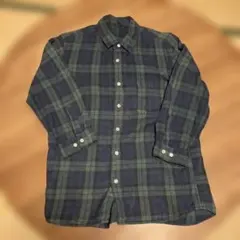無印良品　チェック柄シャツ グリーン ネイビー　麻100% 七分袖