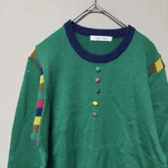 cest toutクルーネックニット(L相当)グリーン&カラフル　レトロセーター