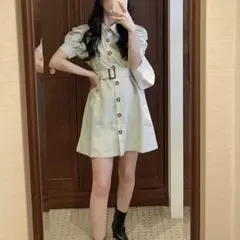 GRL ウエストベルト付きフロントボタンシャツワンピース