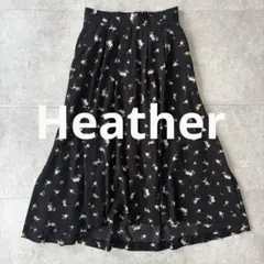 ヘザー フレアスカート フラワー 花柄 ロング丈 黒 フリーサイズ ウエストゴム