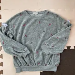 エニファム　トレーナー　ベロア　裏起毛なし　花柄　刺繍　リボン　グレー　灰色