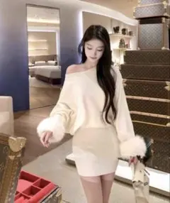 ニット　タイト　ワンピース　ワンショルダー　オフショルダー　ボア