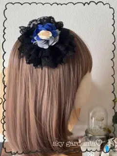 ♡ブラックレースネイビーグレー薔薇 円形ヘッドドレス ロリータ量産型ゴスロリ♡