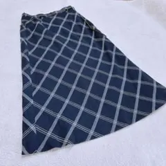 【カイタック】リネン混チェックロングスカート　ネイビー