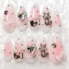 ♡ネイルチップ 量産型 韓国 ワンホン リボン ハート ビジュー ピンク
