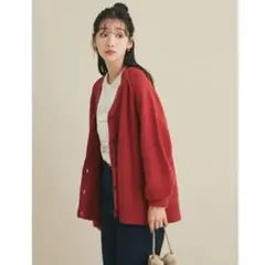 レッド Vネック カーディガン M