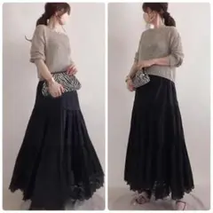 上下セット　きれいめ　クルーネック　丸首　フリル　ロング丈　スカート　フレア