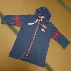 CONVERSE・フード付きブルー七分袖パーカー・サイズLL