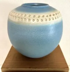 青 ブルー 陶器 花瓶 花器 花生 木箱付き