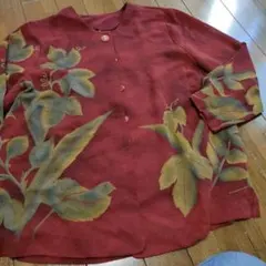 ノーカラージャケット 長袖 薄手ボルドー リーフ柄