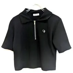 トップス黒ハーフジップ半袖襟付き リブ ショート丈 ブラック ジッパー付き