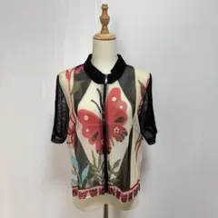 【個性派】蝶柄メッシュジップトップス 半袖 シースルー ブラック×レッド　開閉
