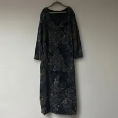 ローラアシュレイUK12 L 花柄 Vネック 長袖ストレッチワンピース