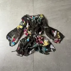 当時物 透け感 フレアスリーブブラウス 花柄総柄 森ガールグランジ昭和レトロ平成