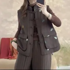 大きなポケット スタンドカラー 刺繍 ベスト アウター レトロデザイン 暖かい