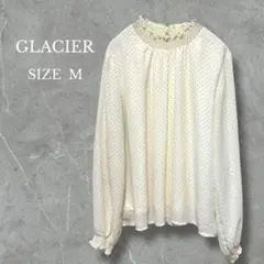 グラシア トップス ブラウス 長袖 ドット シフォン シアー素材 首フリル M