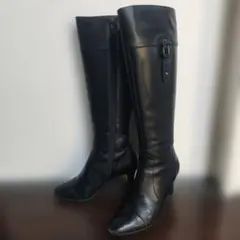 Dianaの黒レザー ロングブーツ 中ヒール ジッパー付き