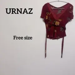 半袖カットソー ワインレッド 花柄 Vネック トップス バックリボン 上品