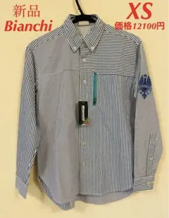 Bianchi ビアンキ　 長袖ストライプシャツ　XS 刺繍ロゴ　ブルーのサムネイル