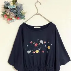 c116 レディース トップス カットソー 薄手 花柄 刺繍 ネイビー F