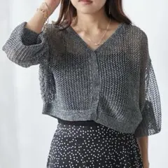 NICE CLAUP ナイスクラップ ラメメッシュカーディガン チャコールのサムネイル